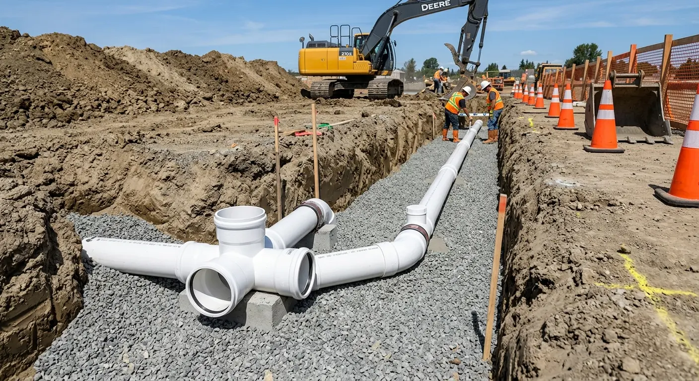 New PVC sewer pipe installation in open trench for Sewer Backup in Saddlebrooke