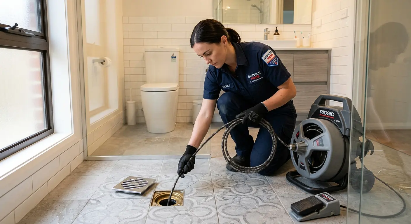 Technician clearing a bathroom floor drain for Sewer Line Replacement in Saddlebrooke